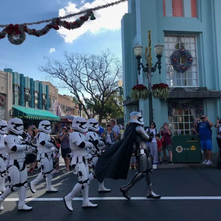 Photo of stormtroopers marching down Hollywood Boulevard in the March of the First Order parade and show.
