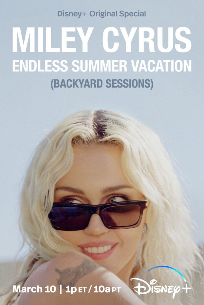 Promotional poster for Miley Cyrus: Endless Summer Vacation on Disney+ with a photo of Miley peeking through sunglasses with a smile on her face.