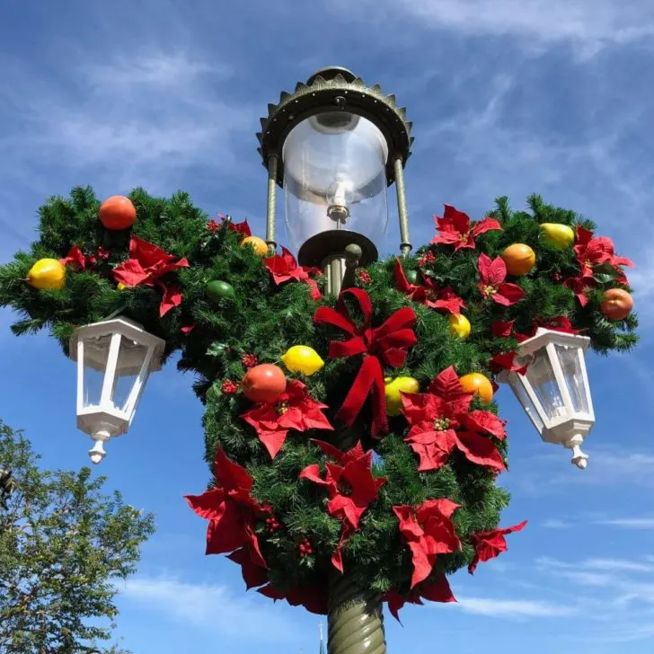 Closeup of a Christmas wreath decoration at Magic Kingdom.