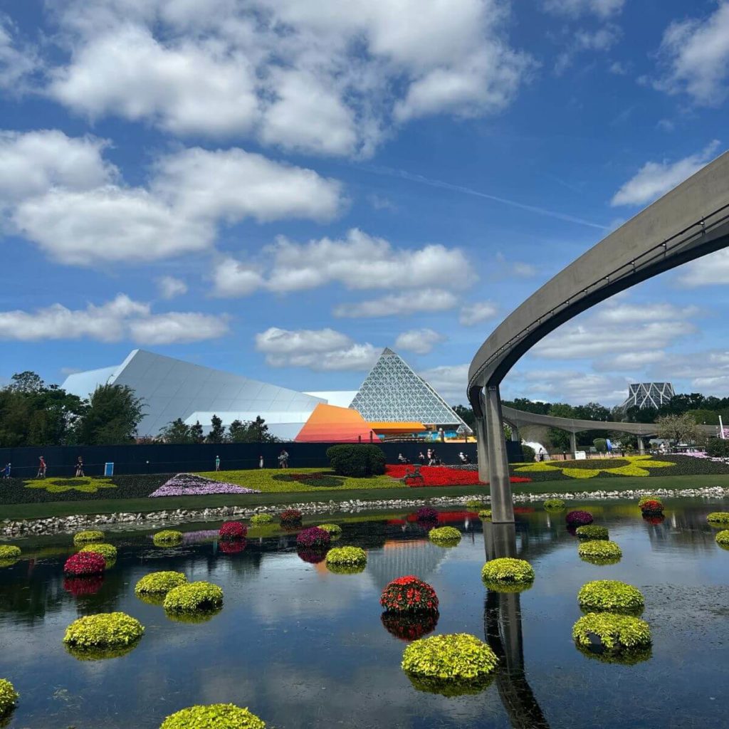Photo of the Imagination Pavilion at Epcot with the monorail line running by it.