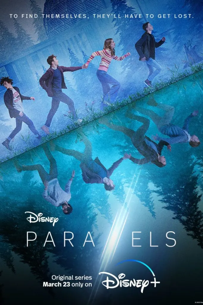 Promotional poster for the series Parallels on Disney+, with 4 teens running with their images reflecting in a shiny surface.