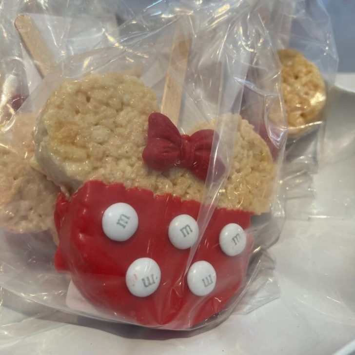 Photo of a Minnie Mouse themed crisped rice treat wrapped in plastic.