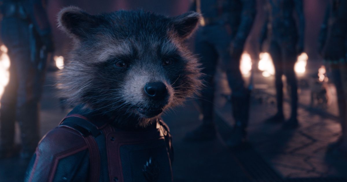 Photo still from a scene in Marvel Studios' Guardians of the Galaxy, Vol. 3, showing Rocket Raccoon (voiced by Bradley Cooper).
