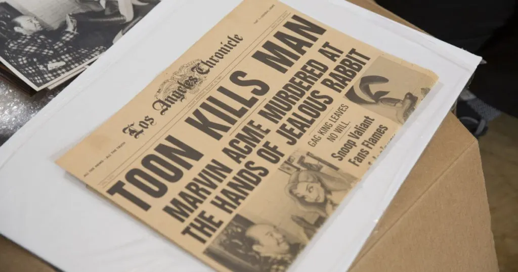 Photo still of a faux newspaper prop from the movie, Who Framed Roger Rabbit?, with the headline "Toon Kills Man: Marvin Acme Murdered at the Hands of Jealous Rabbit."