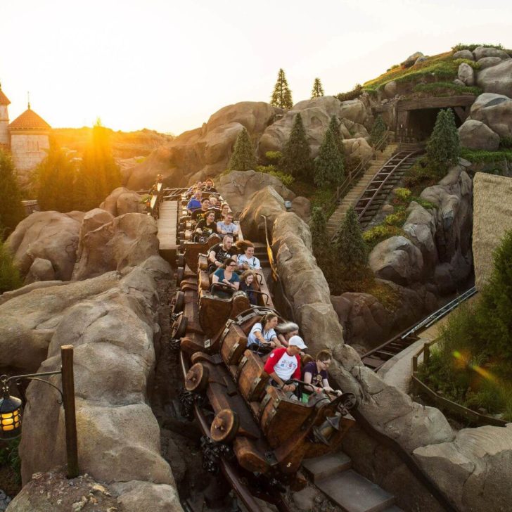 Photo of the Seven Dwarfs Mine Train roller coaster at Magic Kingdom going down a hill.
