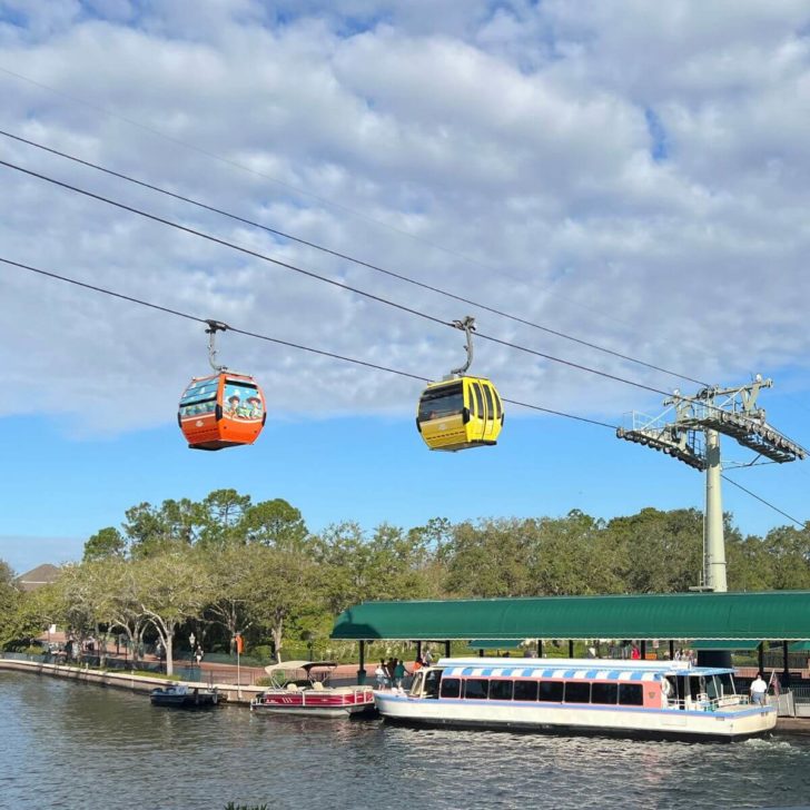 Photo of the Skyliner and Friendship Boats by Epcot's International Gateway entrance.