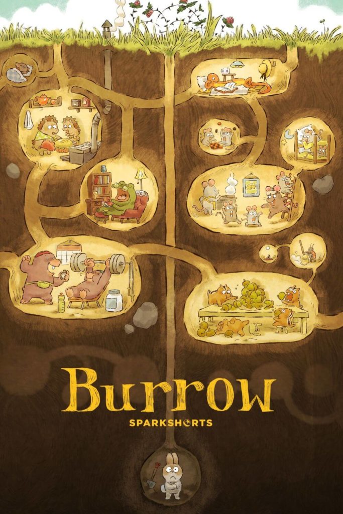 Promotional poster for the Pixar Sparkshorts film, Burrow, featuring underground burrows with silly scenes featuring animals like moles and mice.