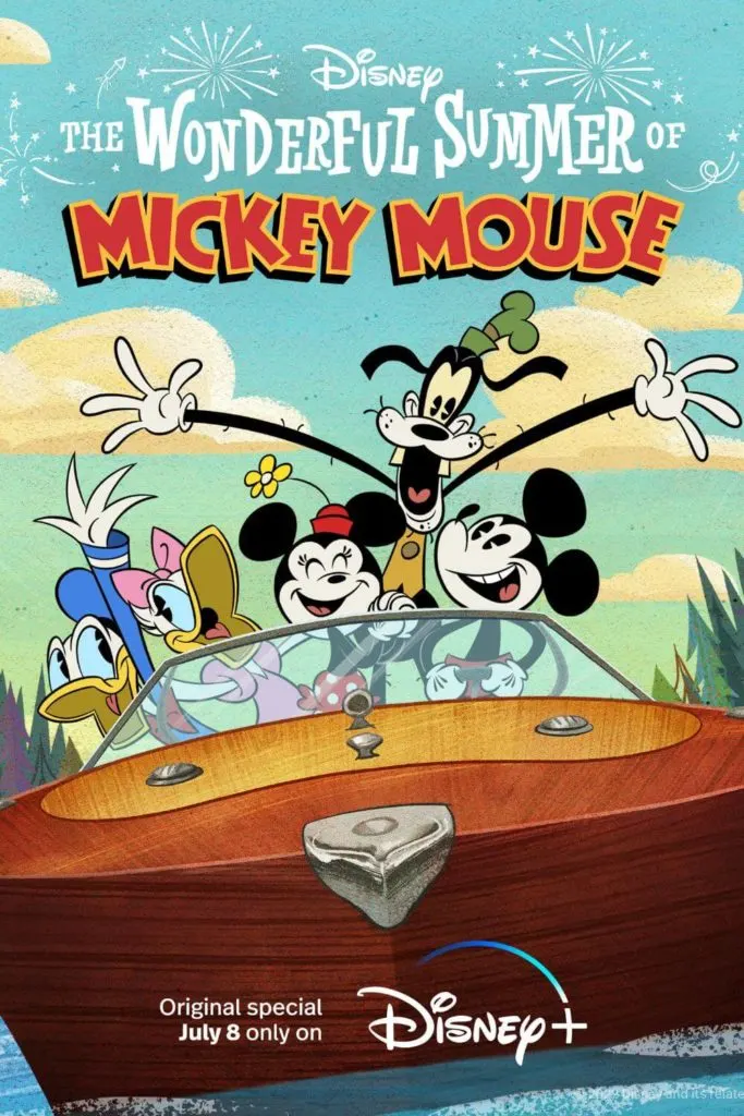 Promotional poster for Disney's short film, The Wonderful Summer of Mickey Mouse, with Donald Duck, Daisy Duck, Minnie Mouse, Goofy, and Mickey Mouse in a boat.