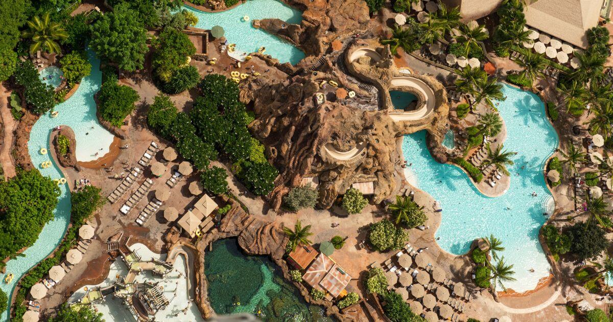 Aerial view of the pool complex at Aulani, a Disney Resort in Ko Olina, Oahu, Hawaii.