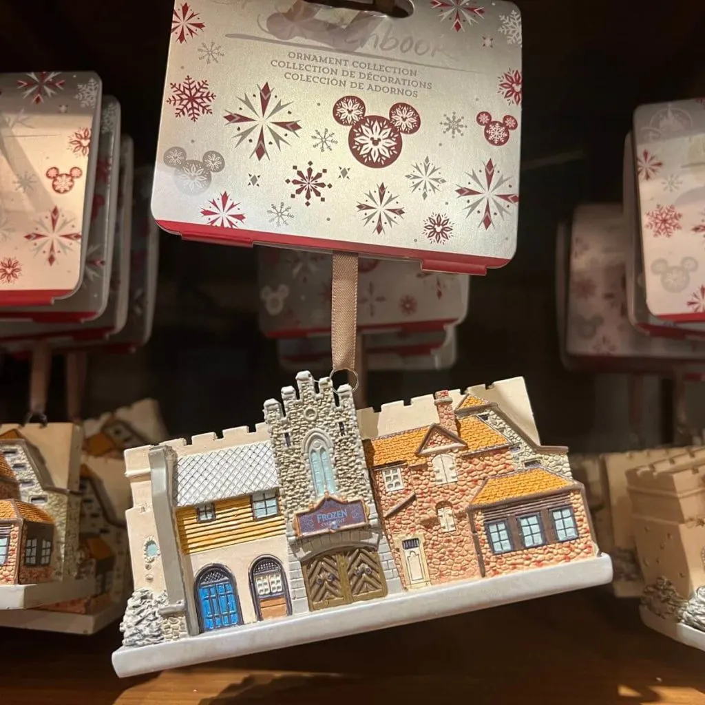 Closeup photo of a Christmas ornament of the buildings in the Norway pavilion.