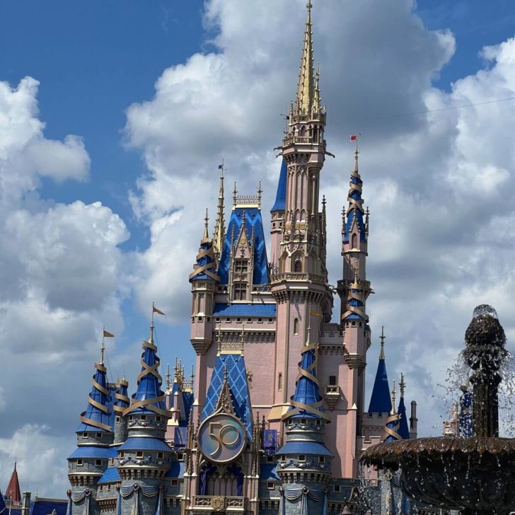 Photo of Cinderella's Castle with the 50th Anniversary medallion.