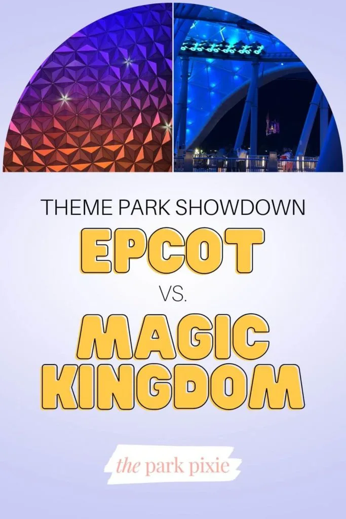 Graphic with photos of Epcot and Magic Kingdom in half-circle frame. Text below the photos reads: "Theme Park Showdown: Epcot vs. Magic Kingdom."