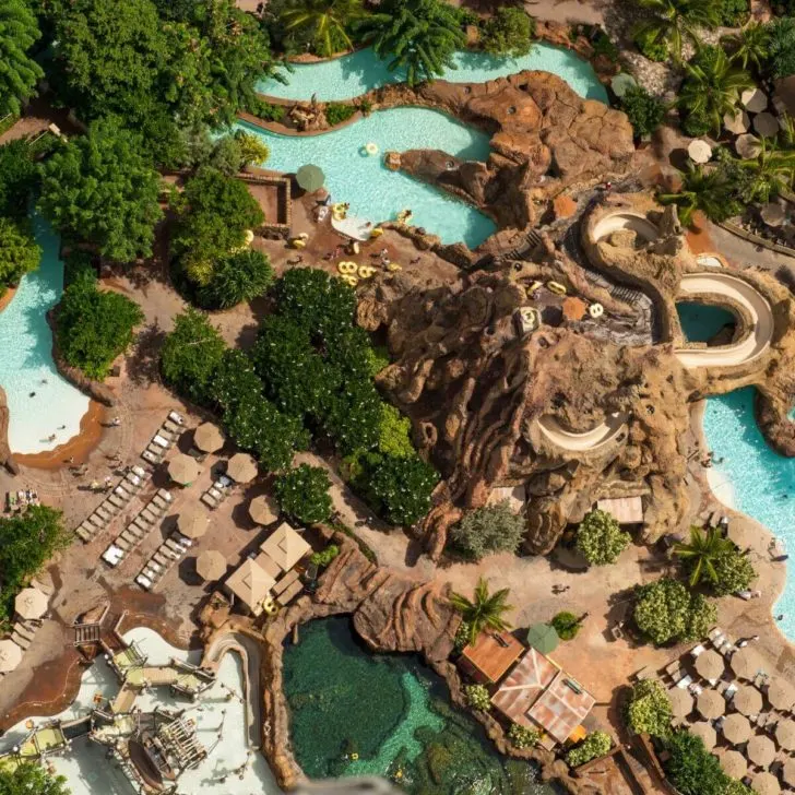 Aerial photo of the pool complex, including the waterslides, at Aulani Resort in Hawaii.