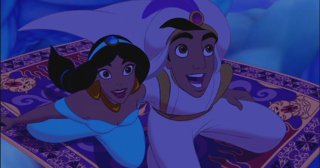 Photo still of Jasmine and Aladdin riding the magic carpet in Aladdin (1992) and the Zenimation episode, Flight.