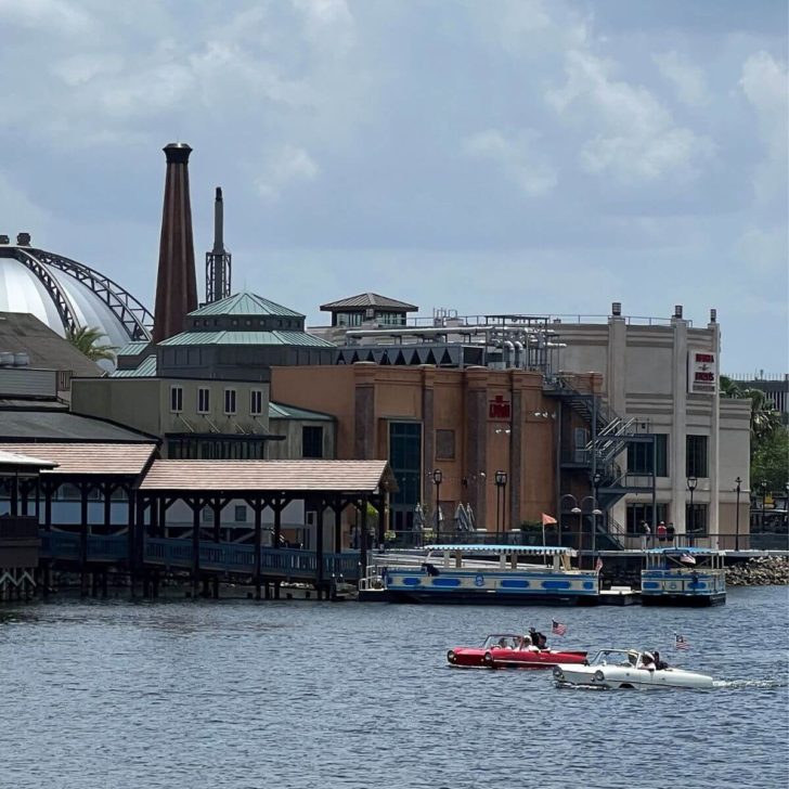 Photo of 2 amphicars in the Sassagoula River next to Disney Springs.