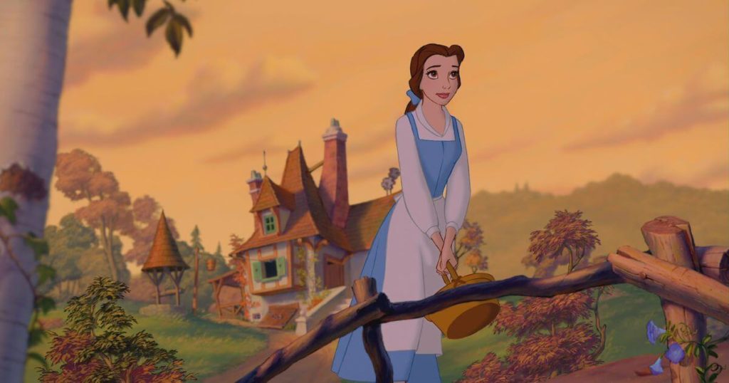 Photo still of Belle in Beauty and the Beast, walking down a dirt path in her provincial dress, as seen in the Zenimation episode, Serenity.