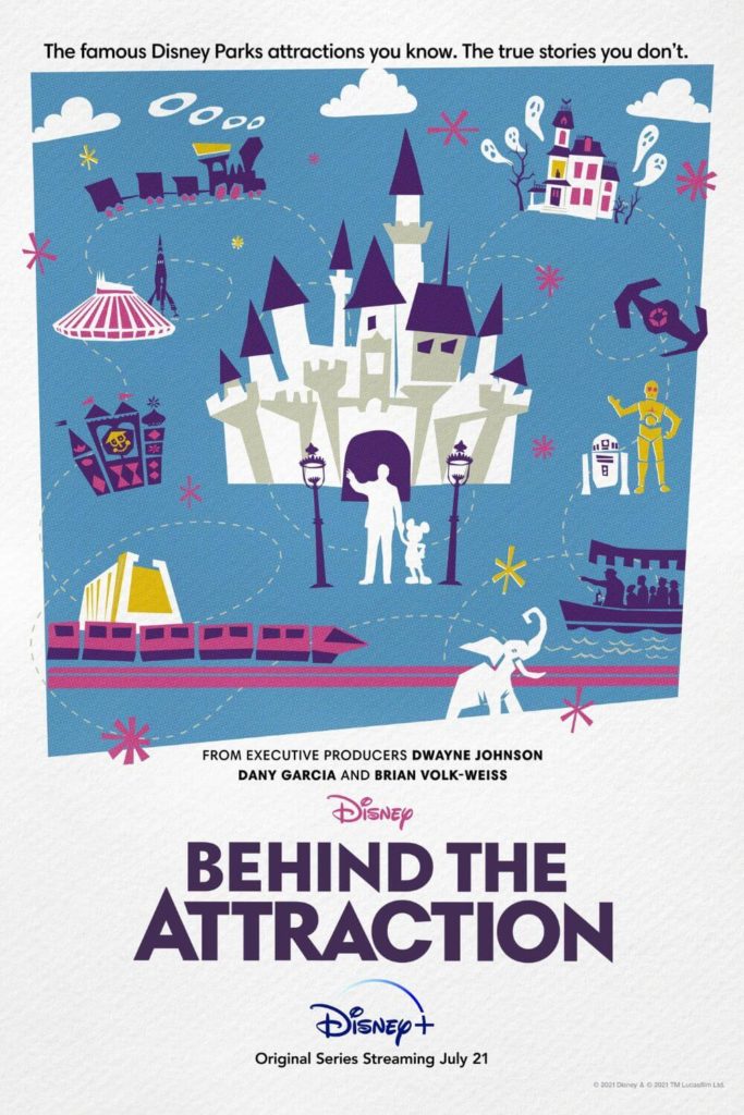 Promotional poster for the Disney+ show, Behind the Attraction, one of the best docuseries to watch before going to Disney World.