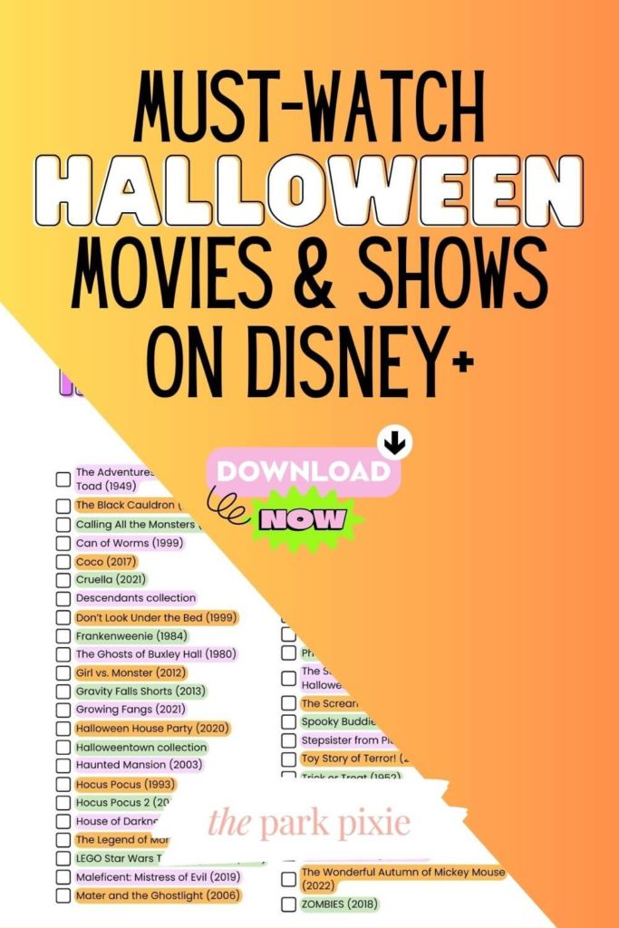 Graphic with a partial photo of a bucket list with Halloween movies and shows on Disney+. Text above the photo reads "Must-Watch Halloween Movies & Shows on Disney+. Download Now."