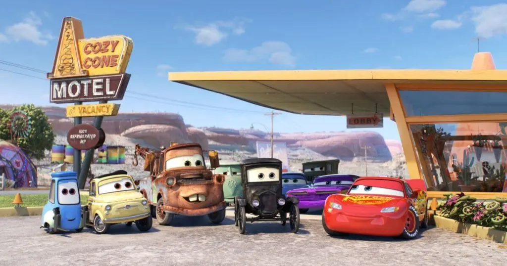 Photo still from the Pixar Popcorn short, Unparalleled Parking, featuring characters from Pixar's Cars.