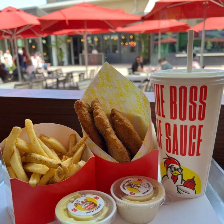 Photo of fries, chicken tenders, 2 cups of dipping sauce, and a fountain drink from Chicken Guy in Disney Springs.