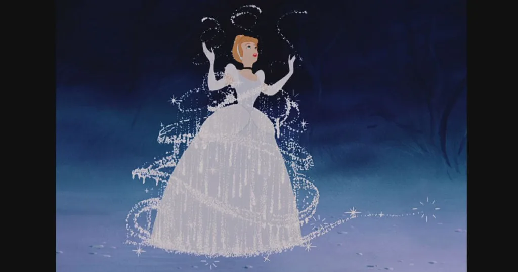 Photo still of Cinderella transforming into her ball gown, as seen in the original 1950 film, as well as the Transformation episode of Zenimation on Disney+.