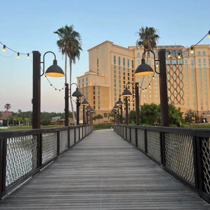 Photo looking down a bridge toward the Gran Destino Tower at Disney's Coronado Springs Resort in Disney World.