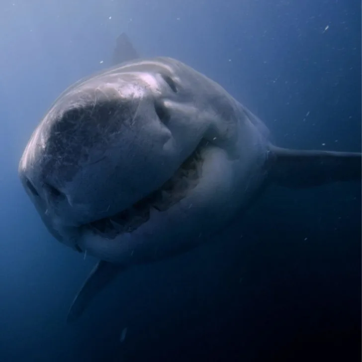 A great white shark swimming underwater.