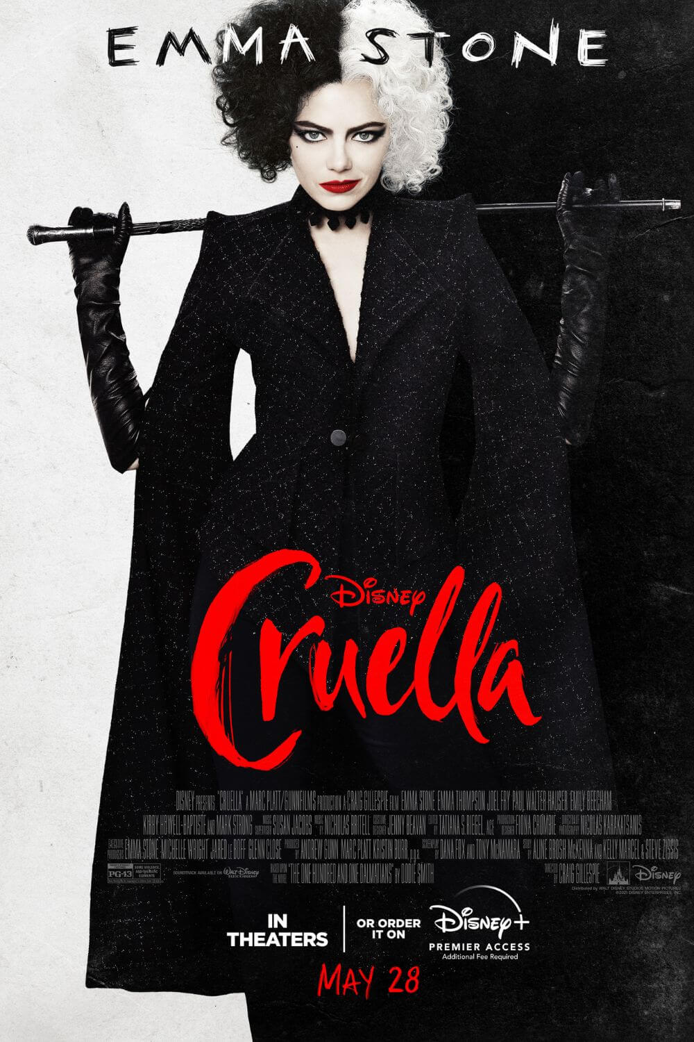 Promotional poster for the Cruella movie, with a photo of Emma Stone as the titular character.