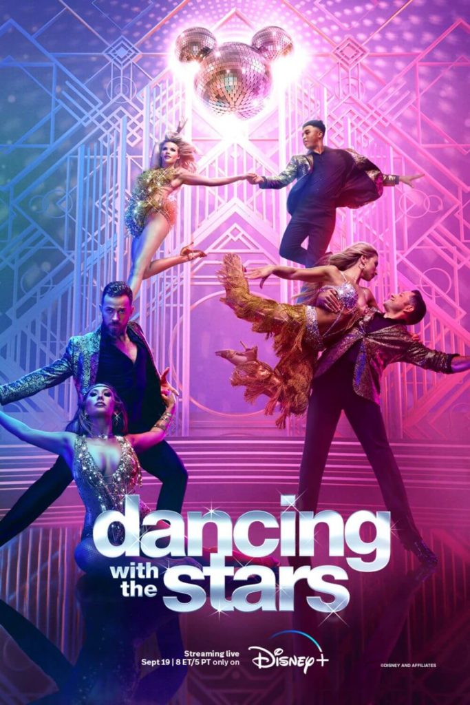 Promotional poster for Dancing with the Stars on Disney+, with a disco-ball Mickey head at the top.