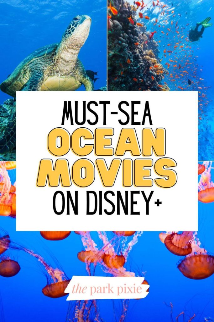 Graphic with 3 photos of ocean scenes. Text in the middle reads "Must-Sea Ocean Movies on Disney+."
