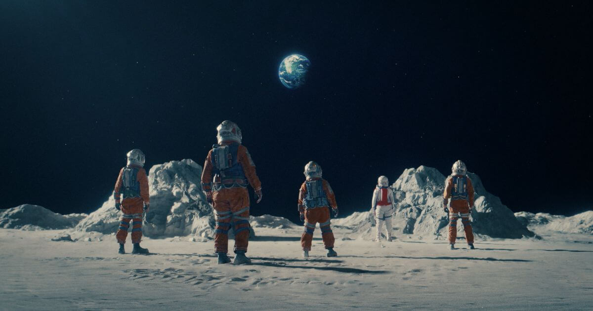 Photo still from the Disney+ film, Crater, featuring the 5 main characters in space suits, standing on the moon staring out at Earth in the distance.