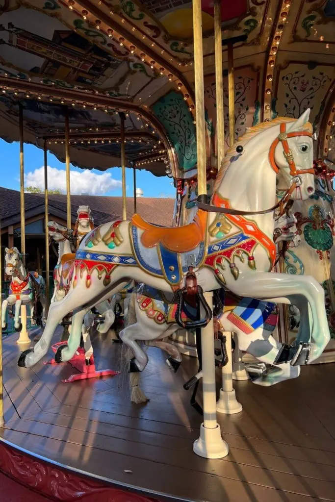 Closeup photo of the carousel at Disney Springs