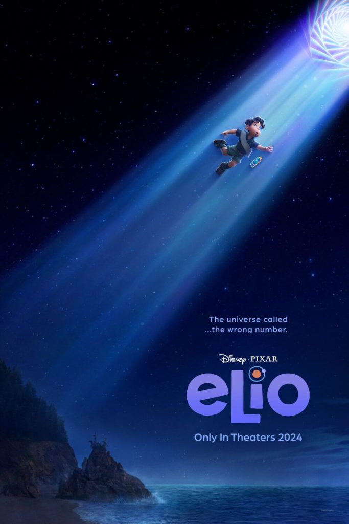 Promotional poster for the Disney & Pixar film, Elio, featuring Elio being sucked up by a UFO.