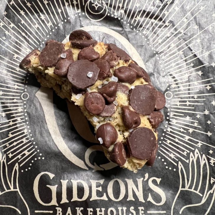 Closeup of a chocolate chip cookie from Gideon's Bakehouse from Disney Springs.