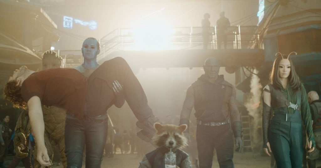 (L-R): Sean Gunn as Kraglin, Groot (voiced by Vin Diesel), Chris Pratt as Peter Quill/Star-Lord, Karen Gillan as Nebula, Rocket (voiced by Bradley Cooper), Dave Bautista as Drax, and Pom Klementieff as Mantis in Marvel Studios' Guardians of the Galaxy Vol. 3.