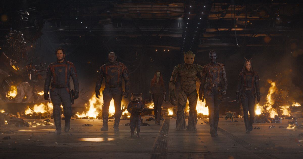 (L-R): Chris Pratt as Peter Quill/Star-Lord, Dave Bautista as Drax, Rocket (voiced by Bradley Cooper), Zoe Saldana as Gamora, Groot (voiced by Vin Diesel), Karen Gillan as Nebula, and Pom Klementieff as Mantis in Marvel Studios' Guardians of the Galaxy, Vol. 3.