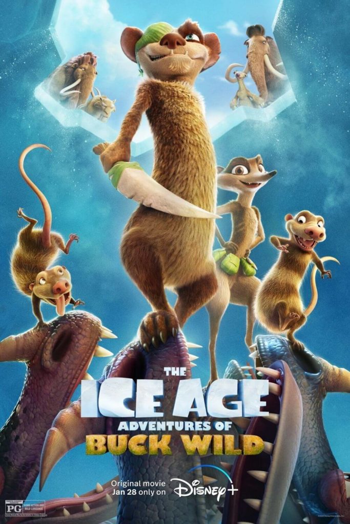 Promotional poster for The Ice Age: Adventures of Buck Wild, one of the best dinosaur movies on Disney Plus.