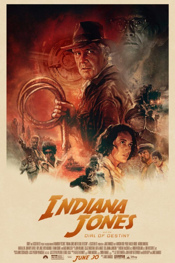 Promotional poster featuring the cast of Indiana Jones and the Dial of Destiny.