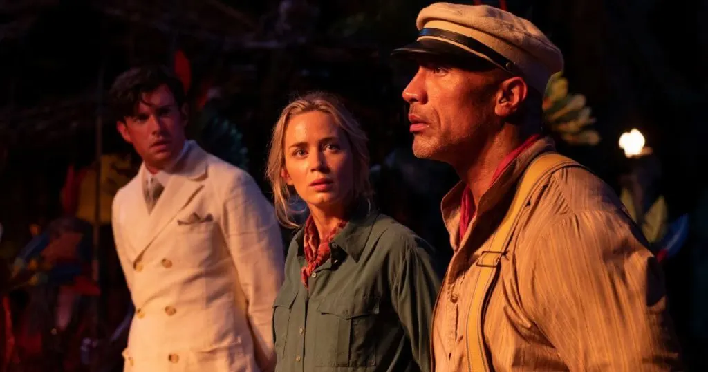 L-R: Jack Whitehall as Macgregor, Emily Blunt as Lily, and Dwayne Johnson as Frank, in Disney's Jungle Cruise.