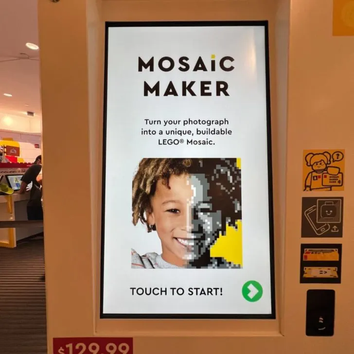 Photo of a LEGO mosaic maker kiosk at a LEGO store.