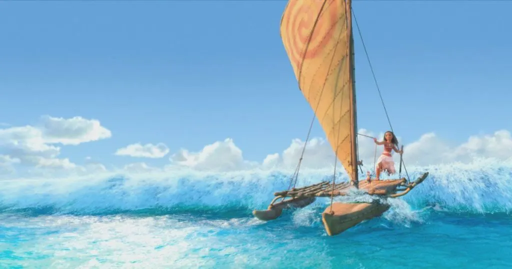 Photo still of Moana steering a boat on a wave, as featured in the Zenimation episode, Water Realms.