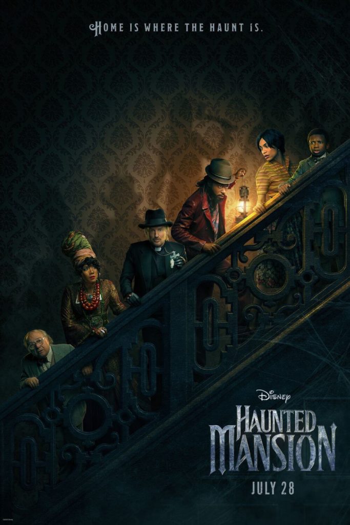 Promotional poster for the 2023 movie, Haunted Mansion, with the tagline "Home is where the haunt is."