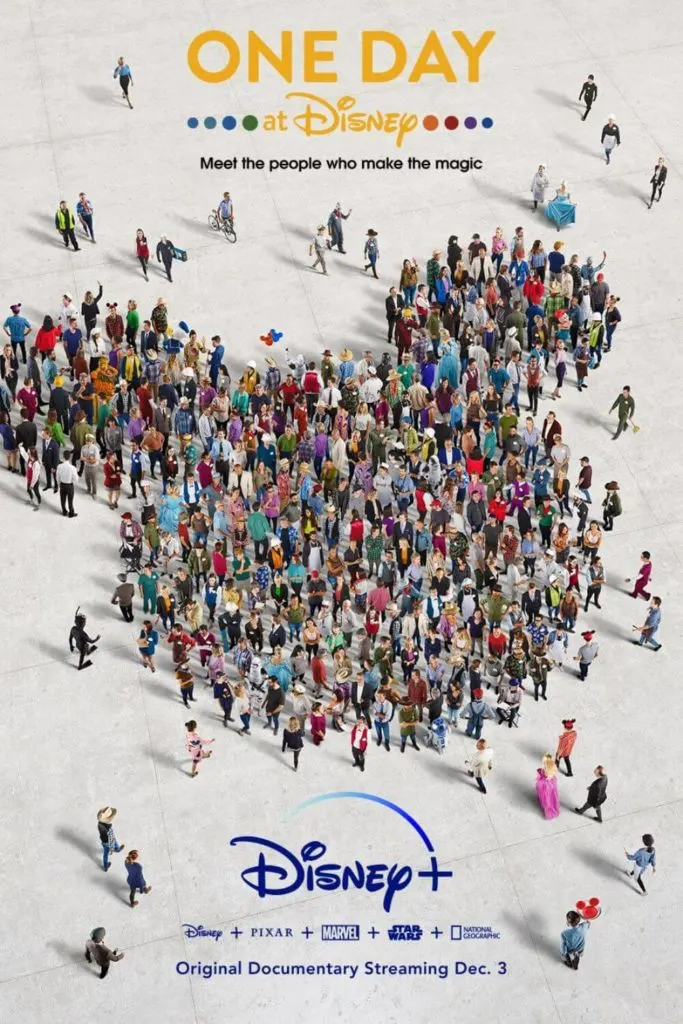 Promotional poster for the documentary, One Day at Disney, showing employees standing in the shape of a Mickey Mouse head.