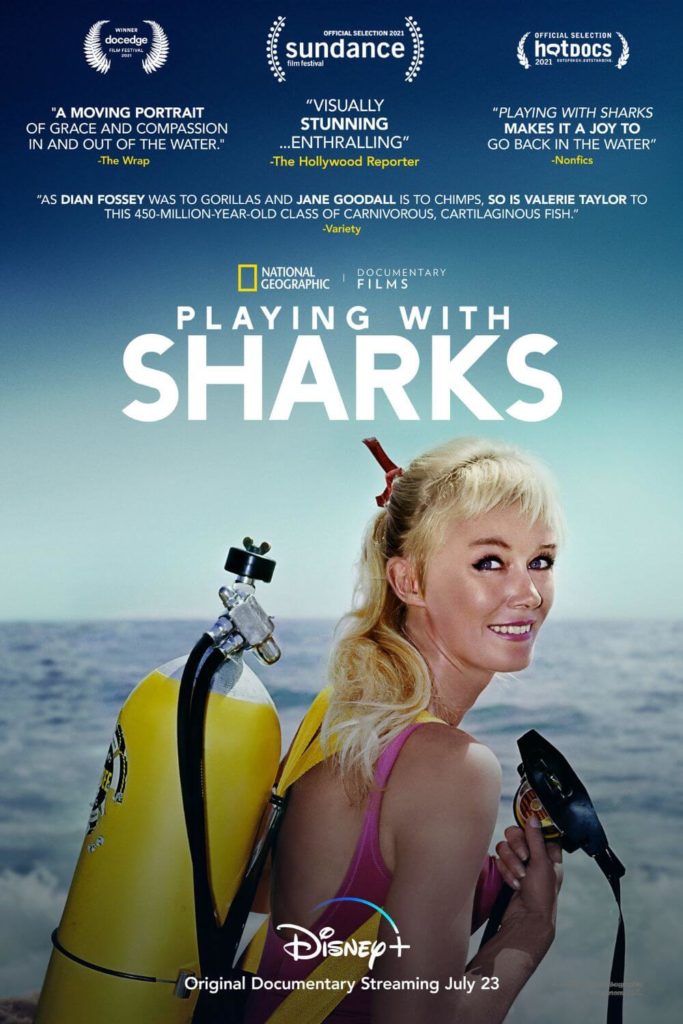 Promotional poster for the National Geographic shark documentary on Disney Plus, Playing with Sharks.