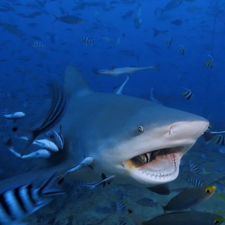 A bull shark swimming through a school of fish with one in his mouth.