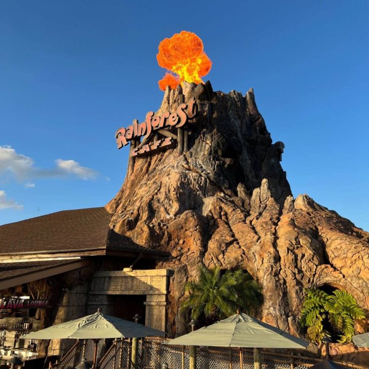 Photo of the volcano at Rainforest Cafe with fire spouting out the top.