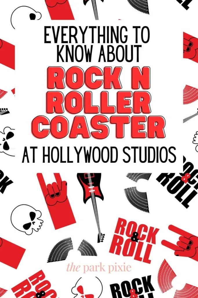 Graphic with a red, white, and black rock and roll themed background. Text overlay reads "Everything to Know About Rock N Roller Coaster at Hollywood Studios."