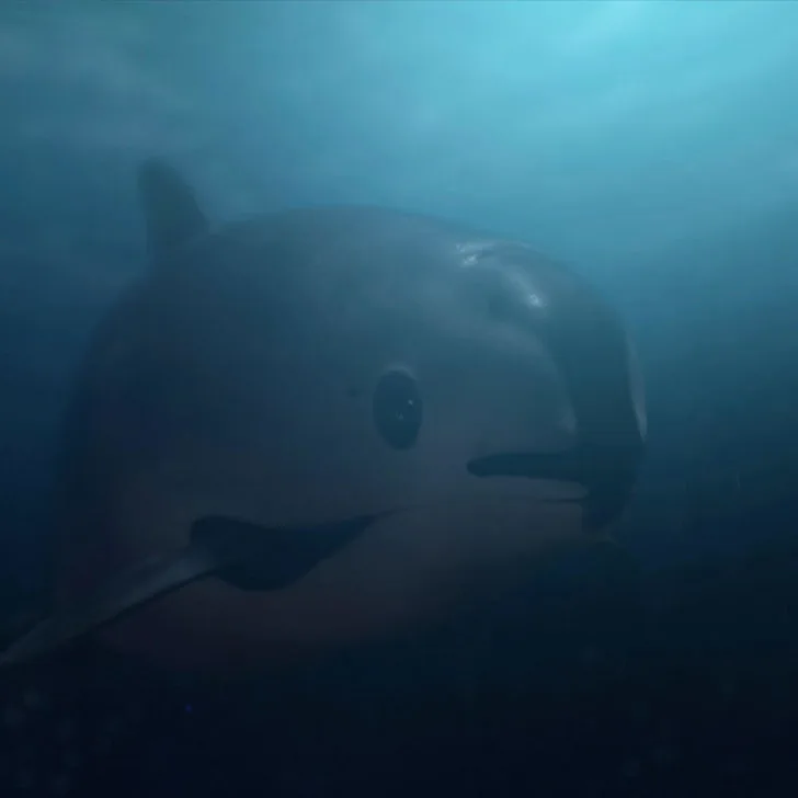 A vaquita swims underwater.