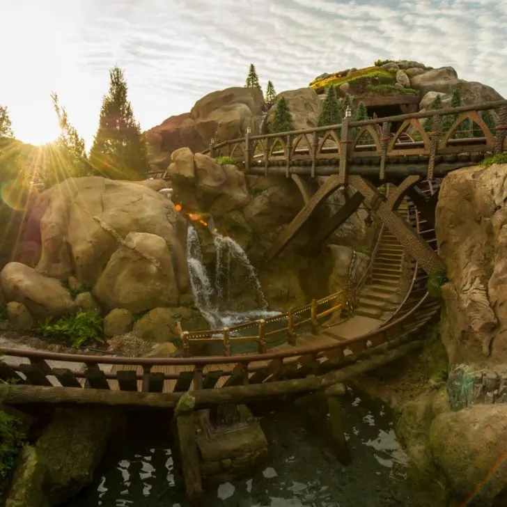 Photo of a big drop into a curve on the Seven Dwarfs Mine Train roller coaster at Magic Kingdom.
