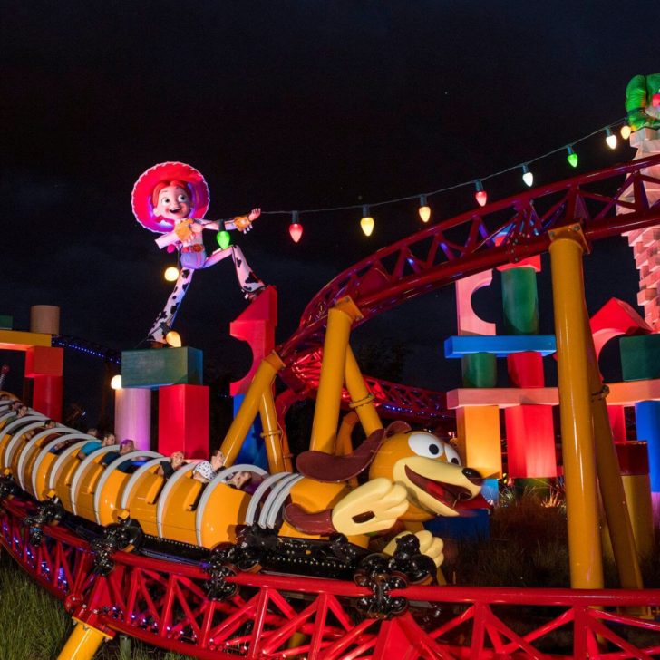 Closeup photo of Toy Story Land at night.